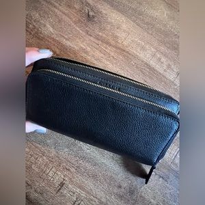Black Leather Coach Long Zip Wallet | 12 card slots + bill slot + coin zip